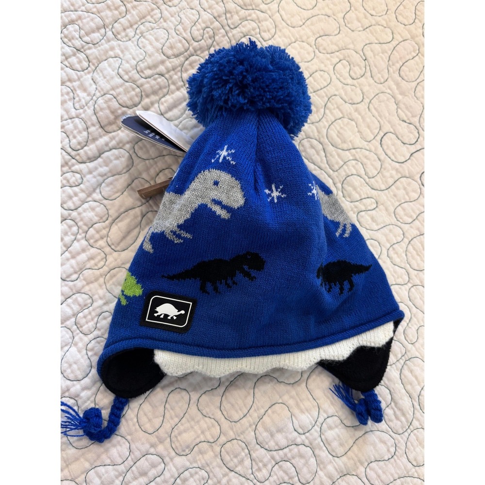 Turtle Fur Toddler Blue Dinosaur Fleece Lined Knit Earflap Beanie Hat